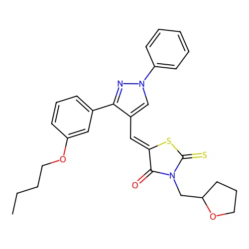 (Z)-5-((3-(3-butoxyphenyl)-1-phenyl-1H-pyrazol-4-yl)methylene)-3-((tetrahydrofuran-2-yl)methyl)-2-thioxothiazolidin-4-one structure