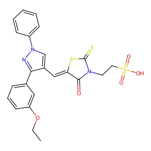 2-[(5Z)-5-{[3-(3-ethoxyphenyl)-1-phenyl-1H-pyrazol-4-yl]methylidene}-4-oxo-2-thioxo-1,3-thiazolidin-3-yl]ethanesulfonic acid structure