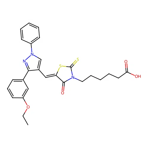 (Z)-6-(5-((3-(3-ethoxyphenyl)-1-phenyl-1H-pyrazol-4-yl)methylene)-4-oxo-2-thioxothiazolidin-3-yl)hexanoic acid structure