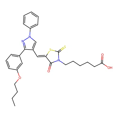 6-[(5Z)-5-{[3-(3-butoxyphenyl)-1-phenyl-1H-pyrazol-4-yl]methylidene}-4-oxo-2-thioxo-1,3-thiazolidin-3-yl]hexanoic acid structure