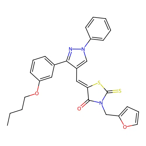 (5Z)-5-{[3-(3-butoxyphenyl)-1-phenyl-1H-pyrazol-4-yl]methylidene}-3-(furan-2-ylmethyl)-2-thioxo-1,3-thiazolidin-4-one structure