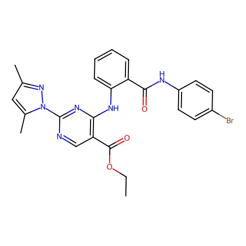 ethyl 4-((2-((4-bromophenyl)carbamoyl)phenyl)amino)-2-(3,5-dimethyl-1H-pyrazol-1-yl)pyrimidine-5-carboxylate structure