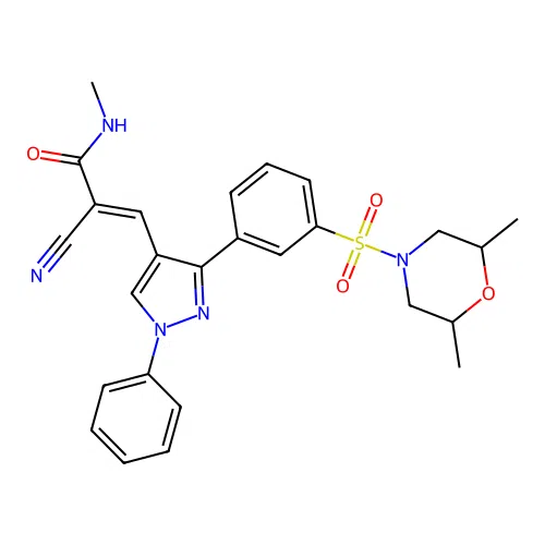 (2E)-2-cyano-3-(3-{3-[(2,6-dimethylmorpholin-4-yl)sulfonyl]phenyl}-1-phenyl-1H-pyrazol-4-yl)-N-methylprop-2-enamide structure