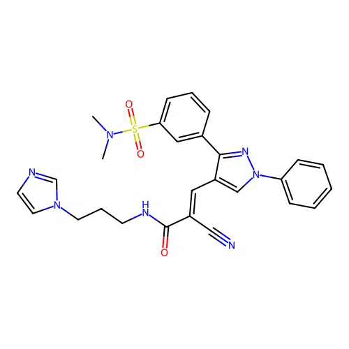 (2E)-2-cyano-3-{3-[3-(dimethylsulfamoyl)phenyl]-1-phenyl-1H-pyrazol-4-yl}-N-[3-(1H-imidazol-1-yl)propyl]prop-2-enamide structure