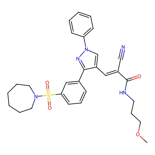 (2E)-3-{3-[3-(azepan-1-ylsulfonyl)phenyl]-1-phenyl-1H-pyrazol-4-yl}-2-cyano-N-(3-methoxypropyl)prop-2-enamide structure