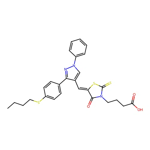 4-[(5Z)-5-({3-[4-(butylsulfanyl)phenyl]-1-phenyl-1H-pyrazol-4-yl}methylidene)-4-oxo-2-thioxo-1,3-thiazolidin-3-yl]butanoic acid structure