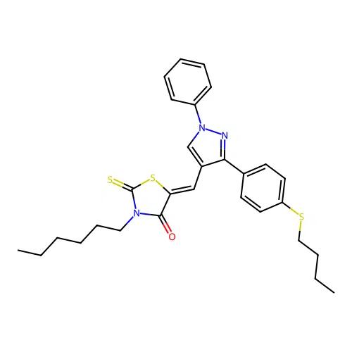 (5Z)-5-({3-[4-(butylsulfanyl)phenyl]-1-phenyl-1H-pyrazol-4-yl}methylidene)-3-hexyl-2-thioxo-1,3-thiazolidin-4-one structure