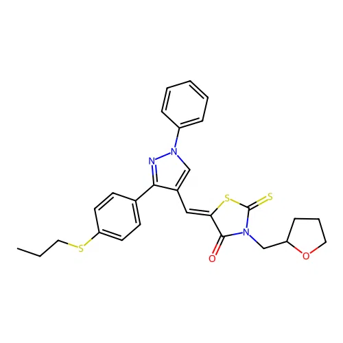(5Z)-5-({1-phenyl-3-[4-(propylsulfanyl)phenyl]-1H-pyrazol-4-yl}methylidene)-3-(tetrahydrofuran-2-ylmethyl)-2-thioxo-1,3-thiazolidin-4-one structure