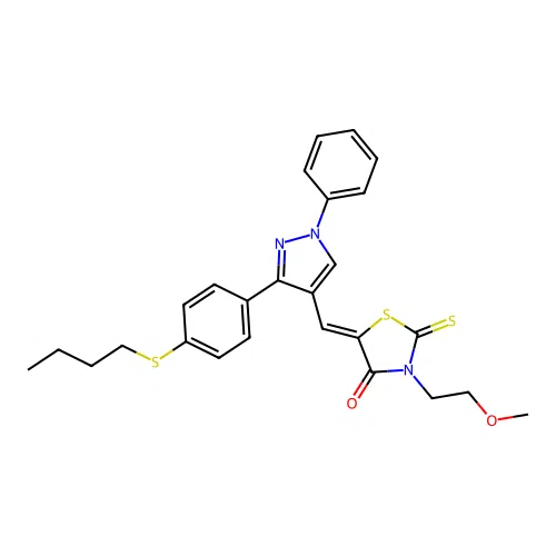 (5Z)-5-({3-[4-(butylsulfanyl)phenyl]-1-phenyl-1H-pyrazol-4-yl}methylidene)-3-(2-methoxyethyl)-2-thioxo-1,3-thiazolidin-4-one structure
