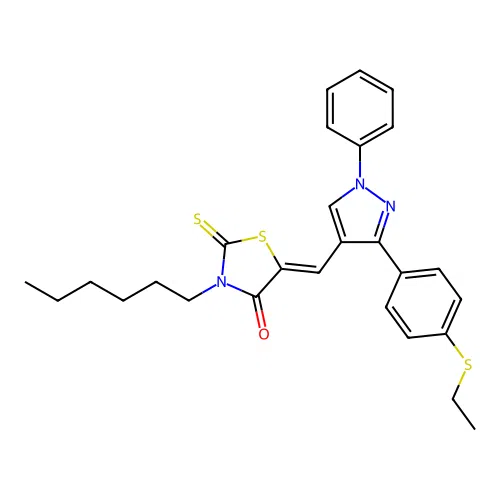(5Z)-5-({3-[4-(ethylsulfanyl)phenyl]-1-phenyl-1H-pyrazol-4-yl}methylidene)-3-hexyl-2-thioxo-1,3-thiazolidin-4-one structure
