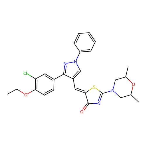 (5Z)-5-{[3-(3-chloro-4-ethoxyphenyl)-1-phenyl-1H-pyrazol-4-yl]methylidene}-2-(2,6-dimethylmorpholin-4-yl)-1,3-thiazol-4(5H)-one structure