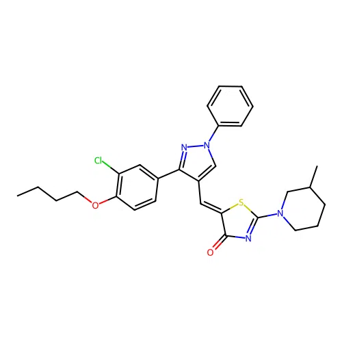 (5Z)-5-{[3-(4-butoxy-3-chlorophenyl)-1-phenyl-1H-pyrazol-4-yl]methylidene}-2-(3-methylpiperidin-1-yl)-1,3-thiazol-4(5H)-one structure