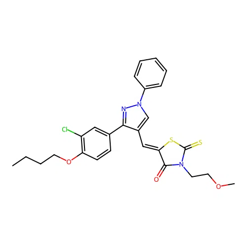 (5Z)-5-{[3-(4-butoxy-3-chlorophenyl)-1-phenyl-1H-pyrazol-4-yl]methylidene}-3-(2-methoxyethyl)-2-thioxo-1,3-thiazolidin-4-one structure