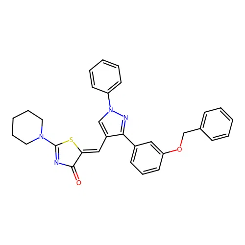 (5Z)-5-({3-[3-(benzyloxy)phenyl]-1-phenyl-1H-pyrazol-4-yl}methylidene)-2-(piperidin-1-yl)-1,3-thiazol-4(5H)-one structure