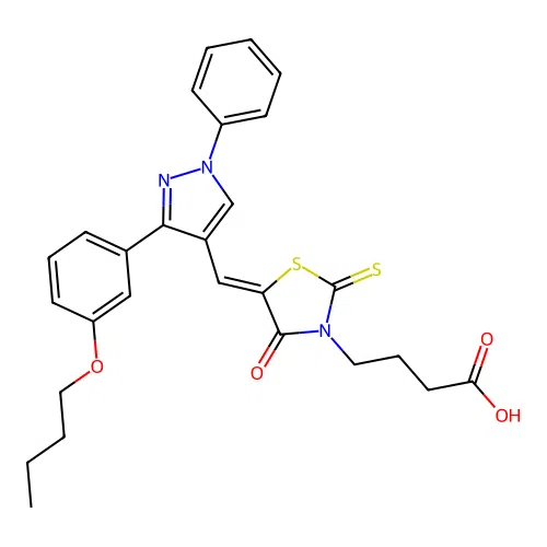 4-[(5Z)-5-{[3-(3-butoxyphenyl)-1-phenyl-1H-pyrazol-4-yl]methylidene}-4-oxo-2-thioxo-1,3-thiazolidin-3-yl]butanoic acid structure