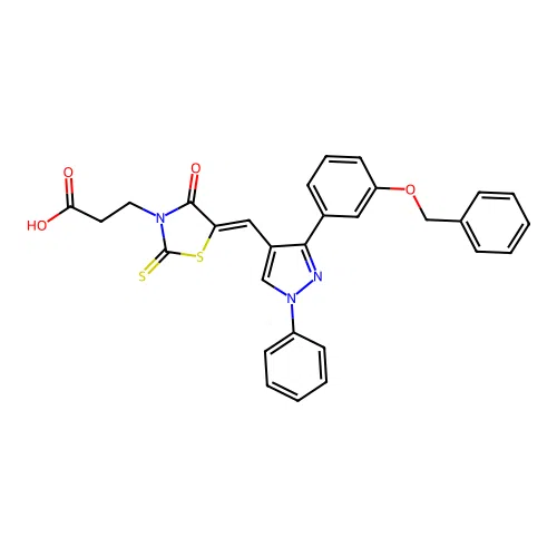 3-[(5Z)-5-({3-[3-(benzyloxy)phenyl]-1-phenyl-1H-pyrazol-4-yl}methylidene)-4-oxo-2-thioxo-1,3-thiazolidin-3-yl]propanoic acid structure