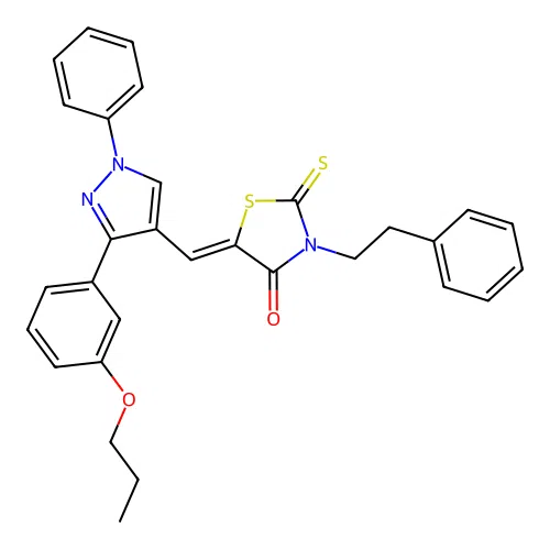 (5Z)-3-(2-phenylethyl)-5-{[1-phenyl-3-(3-propoxyphenyl)-1H-pyrazol-4-yl]methylidene}-2-thioxo-1,3-thiazolidin-4-one structure