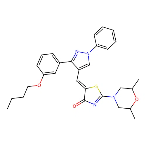 (5Z)-5-{[3-(3-butoxyphenyl)-1-phenyl-1H-pyrazol-4-yl]methylidene}-2-(2,6-dimethylmorpholin-4-yl)-1,3-thiazol-4(5H)-one structure