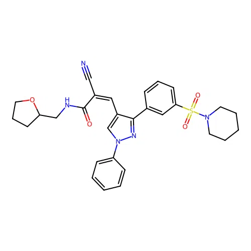 (Z)-2-cyano-3-(1-phenyl-3-(3-(piperidin-1-ylsulfonyl)phenyl)-1H-pyrazol-4-yl)-N-((tetrahydrofuran-2-yl)methyl)acrylamide structure