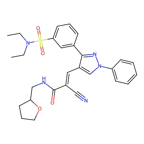 (2E)-2-cyano-3-{3-[3-(diethylsulfamoyl)phenyl]-1-phenyl-1H-pyrazol-4-yl}-N-(tetrahydrofuran-2-ylmethyl)prop-2-enamide structure