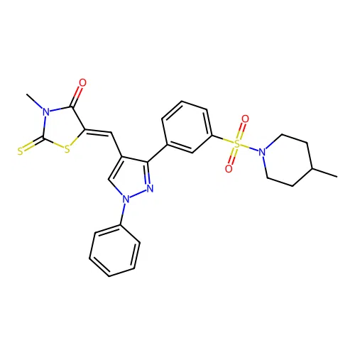 (5Z)-3-methyl-5-[(3-{3-[(4-methylpiperidin-1-yl)sulfonyl]phenyl}-1-phenyl-1H-pyrazol-4-yl)methylidene]-2-thioxo-1,3-thiazolidin-4-one structure