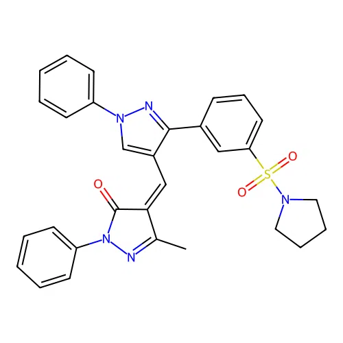 (4Z)-5-methyl-2-phenyl-4-({1-phenyl-3-[3-(pyrrolidin-1-ylsulfonyl)phenyl]-1H-pyrazol-4-yl}methylidene)-2,4-dihydro-3H-pyrazol-3-one structure