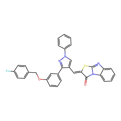 (2Z)-2-[(3-{3-[(4-fluorobenzyl)oxy]phenyl}-1-phenyl-1H-pyrazol-4-yl)methylidene][1,3]thiazolo[3,2-a]benzimidazol-3(2H)-one structure