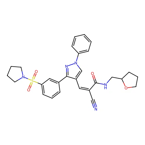 (2Z)-2-cyano-3-{1-phenyl-3-[3-(pyrrolidin-1-ylsulfonyl)phenyl]-1H-pyrazol-4-yl}-N-(tetrahydrofuran-2-ylmethyl)prop-2-enamide structure