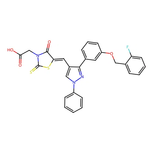 {(5Z)-5-[(3-{3-[(2-fluorobenzyl)oxy]phenyl}-1-phenyl-1H-pyrazol-4-yl)methylidene]-4-oxo-2-thioxo-1,3-thiazolidin-3-yl}acetic acid structure