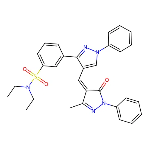 N,N-diethyl-3-{4-[(Z)-(3-methyl-5-oxo-1-phenyl-1,5-dihydro-4H-pyrazol-4-ylidene)methyl]-1-phenyl-1H-pyrazol-3-yl}benzenesulfonamide structure