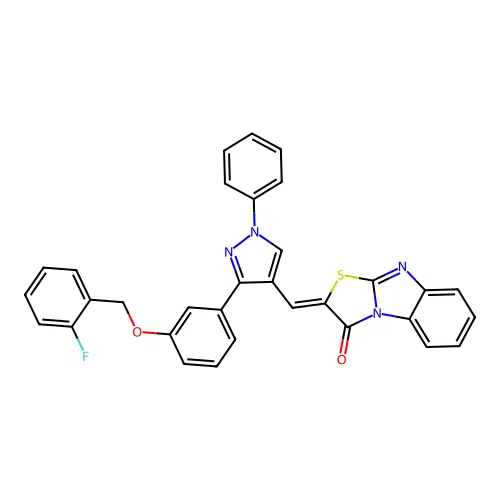 (2Z)-2-[(3-{3-[(2-fluorobenzyl)oxy]phenyl}-1-phenyl-1H-pyrazol-4-yl)methylidene][1,3]thiazolo[3,2-a]benzimidazol-3(2H)-one structure