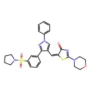 (5Z)-2-(morpholin-4-yl)-5-({1-phenyl-3-[3-(pyrrolidin-1-ylsulfonyl)phenyl]-1H-pyrazol-4-yl}methylidene)-1,3-thiazol-4(5H)-one structure