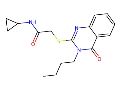 2-[(3-butyl-4-oxo-2-quinazolinyl)thio]-N-cyclopropylacetamide structure