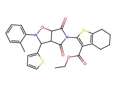 ethyl 2-[2-(2-methylphenyl)-4,6-dioxo-3-(thiophen-2-yl)-hexahydro-2H-pyrrolo[3,4-d][1,2]oxazol-5-yl]-4,5,6,7-tetrahydro-1-benzothiophene-3-carboxylate structure