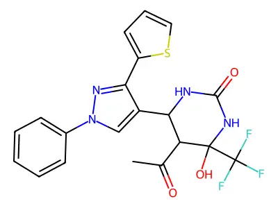 5-acetyl-4-hydroxy-6-(1-phenyl-3-(thiophen-2-yl)-1H-pyrazol-4-yl)-4-(trifluoromethyl)tetrahydropyrimidin-2(1H)-one structure