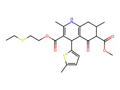 3-[2-(ethylsulfanyl)ethyl] 6-methyl 2,7-dimethyl-4-(5-methylthiophen-2-yl)-5-oxo-1,4,5,6,7,8-hexahydroquinoline-3,6-dicarboxylate structure