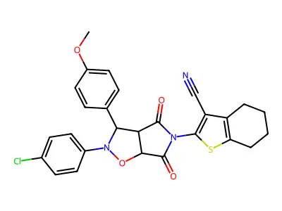 2-(2-(4-chlorophenyl)-3-(4-methoxyphenyl)-4,6-dioxotetrahydro-2H-pyrrolo[3,4-d]isoxazol-5(3H)-yl)-4,5,6,7-tetrahydrobenzo[b]thiophene-3-carbonitrile structure