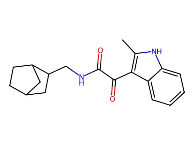 N-(bicyclo[2.2.1]hept-2-ylmethyl)-2-(2-methyl-1H-indol-3-yl)-2-oxoacetamide structure
