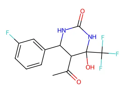5-acetyl-6-(3-fluorophenyl)-4-hydroxy-4-(trifluoromethyl)-1,3-diazinan-2-one structure