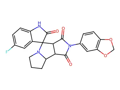 2'-(1,3-benzodioxol-5-yl)-5-fluoro-3a',6',7',8',8a',8b'-hexahydro-1'H-spiro[indole-3,4'-pyrrolo[3,4-a]pyrrolizine]-1',2,3'(1H,2'H)-trione structure