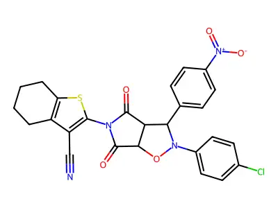 2-(2-(4-chlorophenyl)-3-(4-nitrophenyl)-4,6-dioxotetrahydro-2H-pyrrolo[3,4-d]isoxazol-5(3H)-yl)-4,5,6,7-tetrahydrobenzo[b]thiophene-3-carbonitrile structure