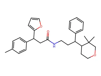 N-[3-(3,3-dimethyloxan-4-yl)-3-phenylpropyl]-3-(furan-2-yl)-3-(4-methylphenyl)propanamide structure