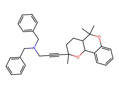 N,N-dibenzyl-3-(2,5,5-trimethyl-3,4,4a,10b-tetrahydropyrano[3,2-c]chromen-2-yl)prop-2-yn-1-amine structure