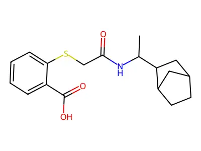 2-({[(1-{Bicyclo[2.2.1]heptan-2-yl}ethyl)carbamoyl]methyl}sulfanyl)benzoic acid structure