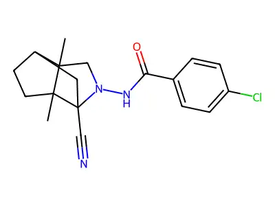 4-chloro-N-(3-cyano-6,7-dimethyl-4-azatricyclo[4.3.0.0~3,7~]non-4-yl)benzamide structure