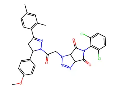5-(2,6-dichlorophenyl)-1-{2-[3-(2,4-dimethylphenyl)-5-(4-methoxyphenyl)-4,5-dihydro-1H-pyrazol-1-yl]-2-oxoethyl}-3a,6a-dihydropyrrolo[3,4-d][1,2,3]triazole-4,6(1H,5H)-dione structure