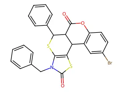 3-benzyl-10-bromo-5-phenyl-3,5,5a,11b-tetrahydro-2H,6H-chromeno[4',3':4,5]thiopyrano[2,3-d][1,3]thiazole-2,6-dione structure