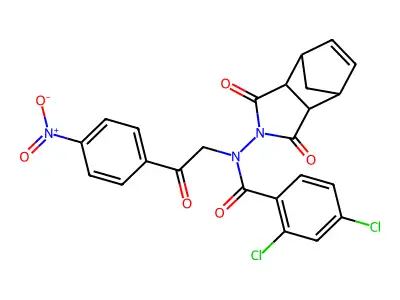 2,4-dichloro-N-(1,3-dioxo-1,3,3a,4,7,7a-hexahydro-2H-4,7-methanoisoindol-2-yl)-N-[2-(4-nitrophenyl)-2-oxoethyl]benzamide structure