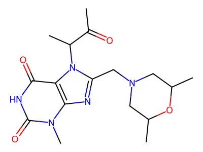 8-[(2,6-dimethylmorpholin-4-yl)methyl]-3-methyl-7-(3-oxobutan-2-yl)purine-2,6-dione structure