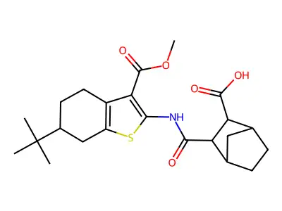 3-({[6-tert-butyl-3-(methoxycarbonyl)-4,5,6,7-tetrahydro-1-benzothien-2-yl]amino}carbonyl)bicyclo[2.2.1]heptane-2-carboxylic acid structure